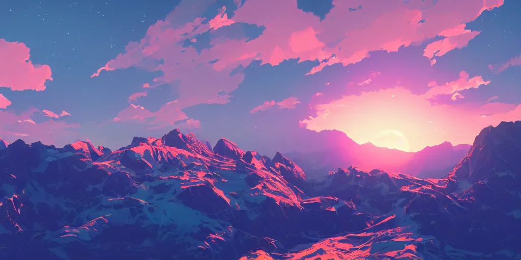 Prompt: a fantastic view of a mountain range landscape in the evening sunset, featured on artstation, makoto shinkai and beeple, cosmic color scheme