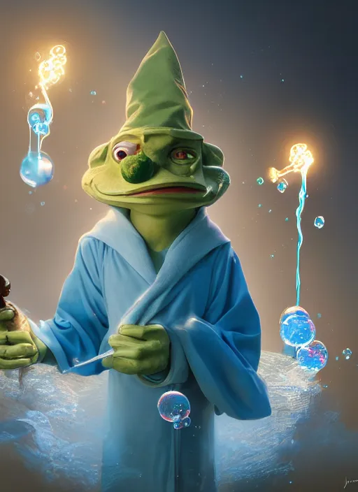 Image similar to an anthropomorphic beautiful male wizard blowing giant bubbles wearing blue robe, fine art, award winning, intricate, elegant, sharp focus, octane render, hyperrealistic, wizard hat cinematic lighting, highly detailed, digital painting, 8 k concept art, art by jamie hewlett and z. w. gu, masterpiece, trending on artstation, 8 k