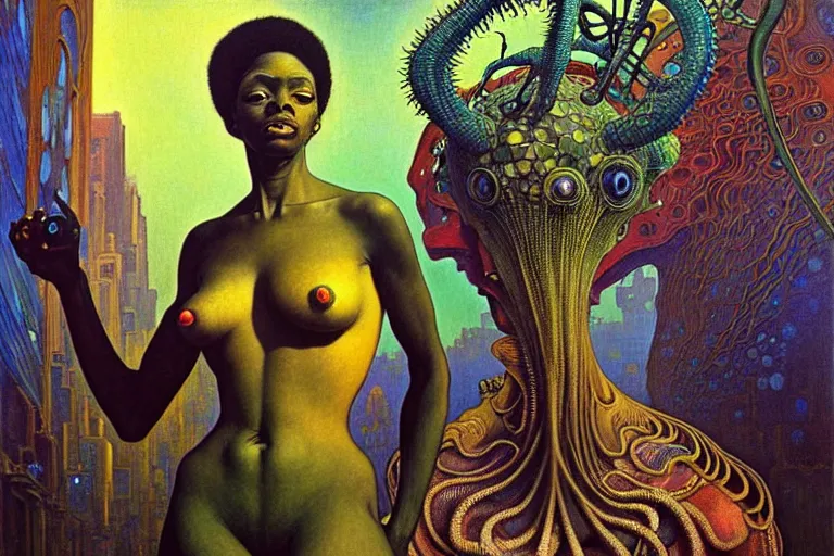 Image similar to realistic extremely detailed portrait painting of a beautiful black woman with an alien, city street on background by Jean Delville, Amano, Yves Tanguy, Ilya Repin, Alphonse Mucha, Ernst Haeckel, James C. Christensen, Edward Robert Hughes, Roger Dean, rich moody colours