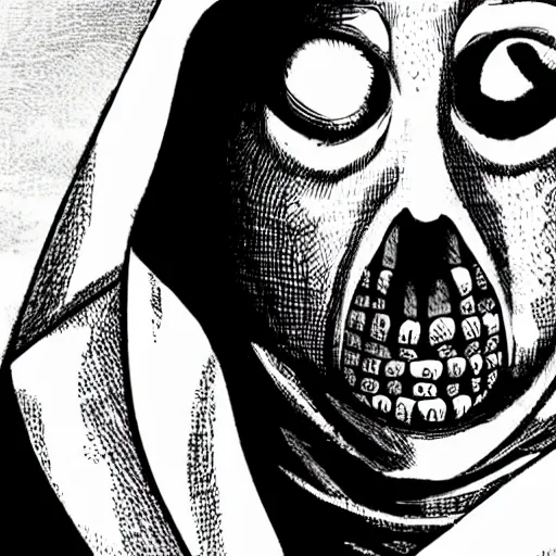 Image similar to hooded man, junji ito,