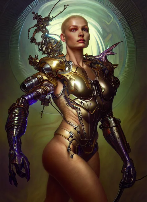 Image similar to cyborg recharging, diffuse lighting, fantasy, intricate, elegant, highly detailed, lifelike, photorealistic, digital painting, artstation, illustration, concept art, smooth, sharp focus, art by John Collier and Albert Aublet and James jean and Brian froud and ross tran and Artem Demura and Alphonse Mucha