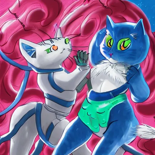 Image similar to magical cat lizard fight with robot cat girl, trending on art, anime