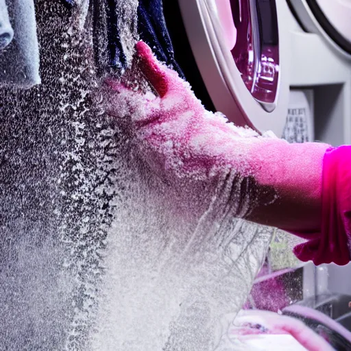 Prompt: photograph of pink clothes being washed in a washing machine. 8k resolution. hyperrealistic.