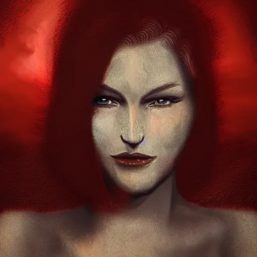 Prompt: shameless woman with impudent facial expression in shadow of church cross, elegant, dark and mysterious, atmospheric, red, trending on artstation, highly detailed, digital painting, volumetric light, concept art, illustration, rule 34