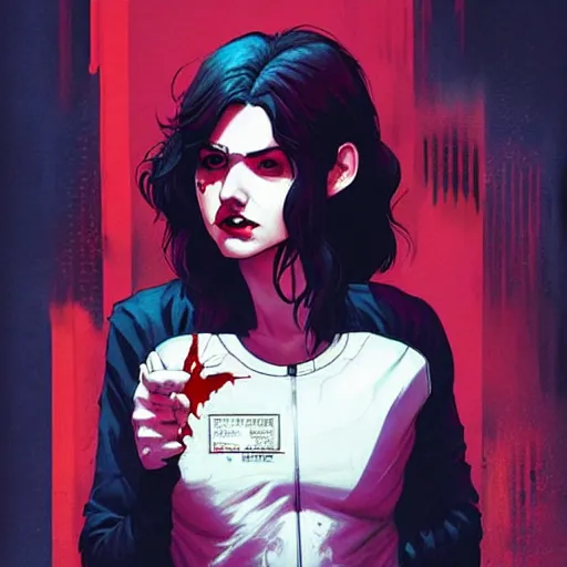 Image similar to Rafael Albuquerque comic cover art, loish, Sam yang, artgerm, Ross tran, pretty female Alison Brie serial killer holding bloody knife, blood on clothes and face, sarcastic smile, symmetrical eyes, symmetrical face, full body, jean jacket, jeans, short blonde hair, middle shot, highly saturated, deep blacks