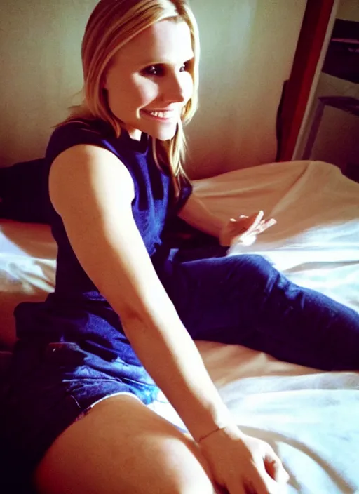 Image similar to ( first person view, my pov )!!!!!!!!, kristen bell on my bed looking at me, on my bed