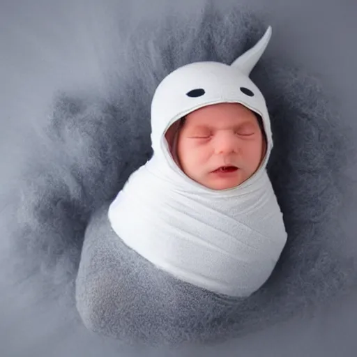 Image similar to cute cuddly baby sharks in baby's clothing swaddled in clouds, photorealistic