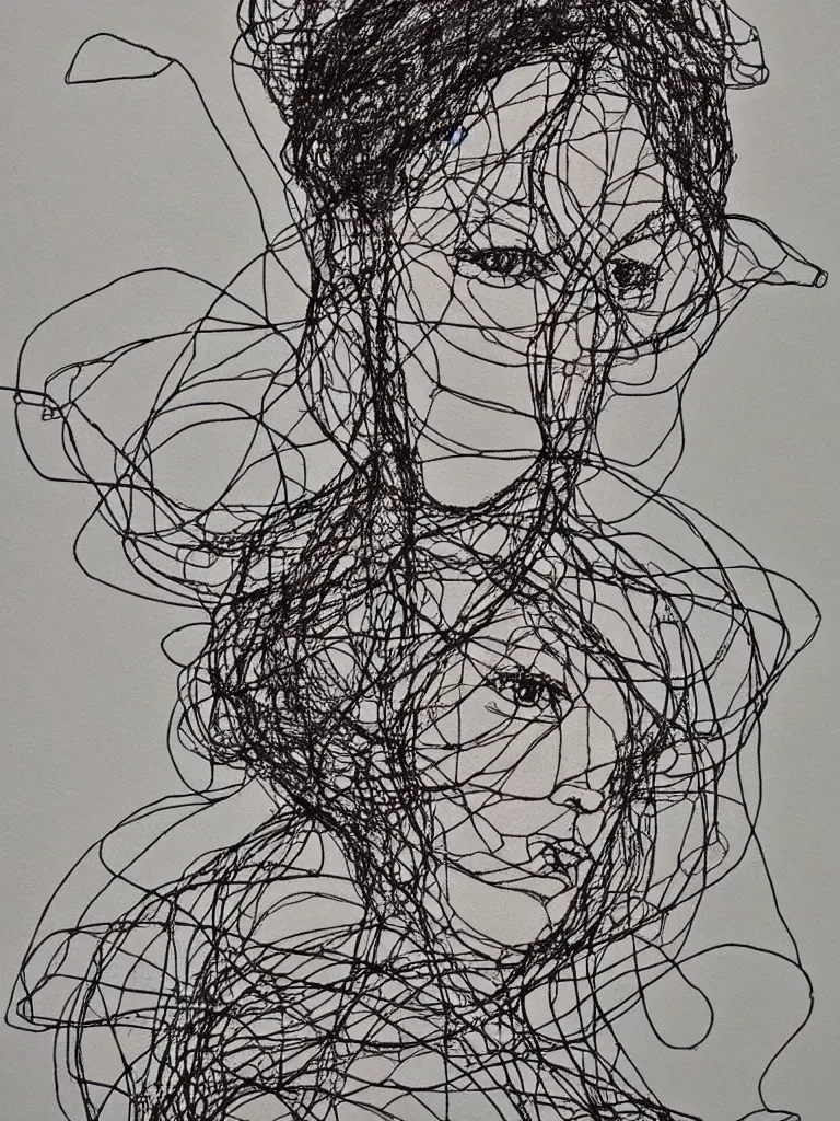 Image similar to metal wire art about an elegant woman. portrait influenced by egon schiele.