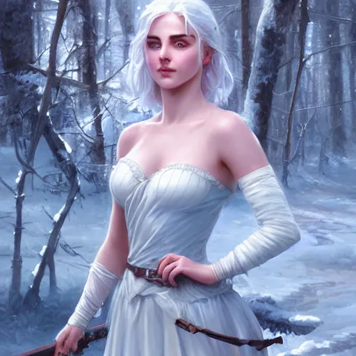 Image similar to Ciri in the white frost by Alexander Averin and Charlie Bowater and Guillaume Seignac and Charles Edward Perugini