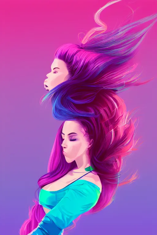 Image similar to a award winning half body porttrait of a beautiful woman in a croptop with ombre purple pink teal hairstyle with head in motion and hair flying, outrun, vaporware, shaded illustration, digital art, trending on artstation, highly detailed, fine detail, intricate