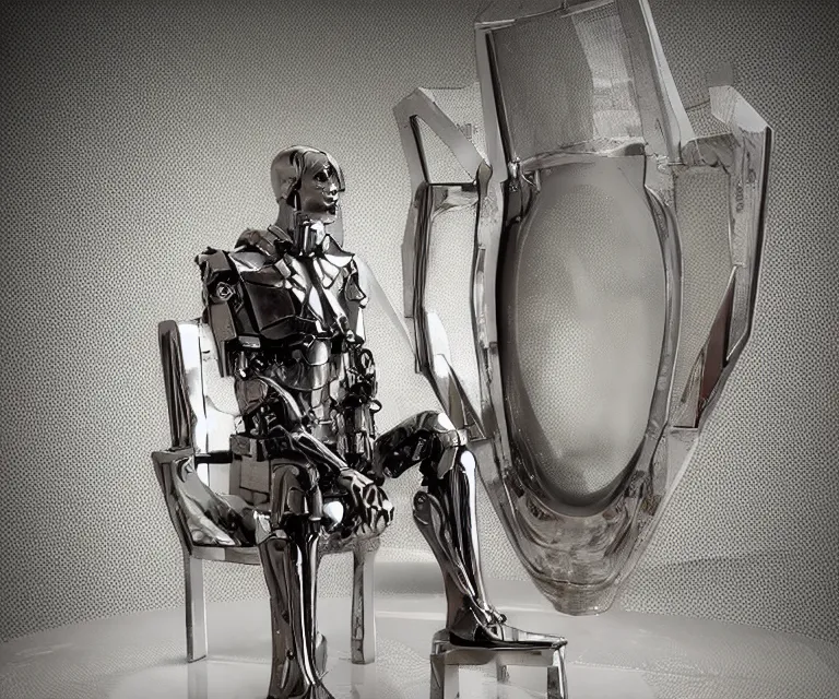 Image similar to translucent cyborg sitting on a metal throne in a futuristic castle, fantasy sci - fi, sharp lines, metallic, 2 0 0 mm focus, bokeh