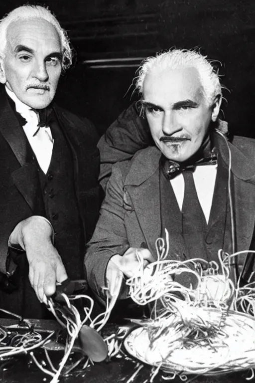 Prompt: arturo tuscanini and dr dre working on a rap song, making spaghetti, lifelike, in a rain storm