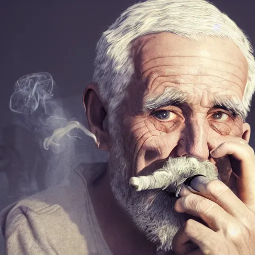 Image similar to portrait of old man smoking pipe, the smoke turns into his gray hair, realistic 4k octane beautifully detailed render, 4k post-processing, highly detailed, intricate complexity, epic composition, magical atmosphere, cinematic lighting, masterpiece, ultra hd