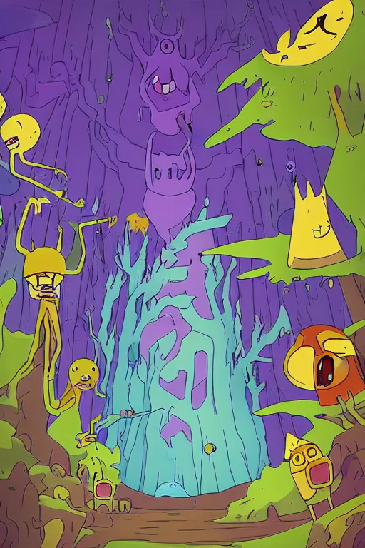 Image similar to Artwork in style of Adventure Time of the cinematic view of the Ghastly Forest of Insanity.