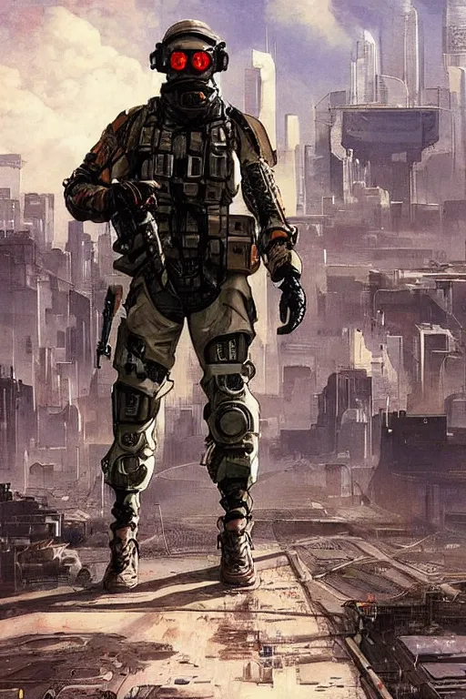 Prompt: Hosea. USN special forces futuristic recon operator, cyberpunk military hazmat exo-suit, on patrol in the Australian autonomous zone, deserted city skyline. 2087. Concept art by James Gurney and Alphonso Mucha