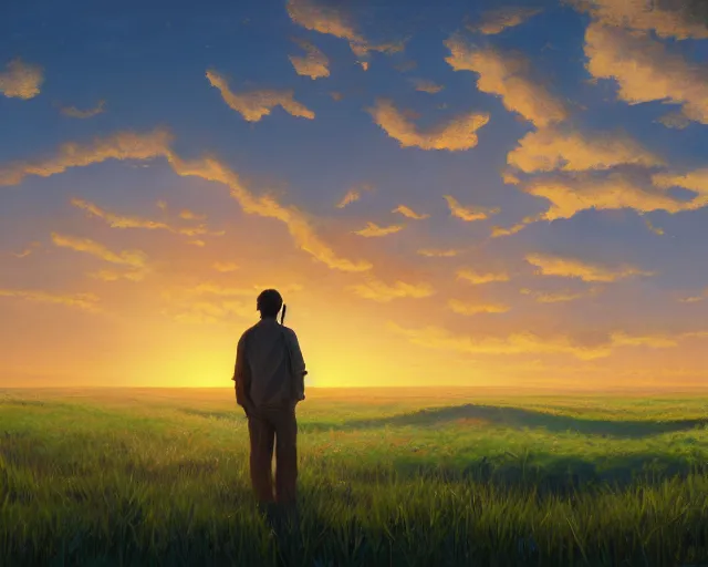 Image similar to a painting of a man standing in a field at sunset, a detailed matte painting by makoto shinkai, cgsociety, neo - primitivism, anamorphic lens flare, matte painting, global illumination