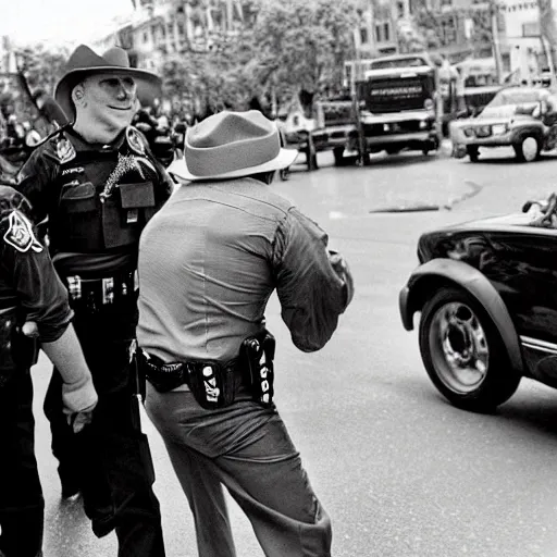 Prompt: cowboy Kermit the frog being arrested for his crimes