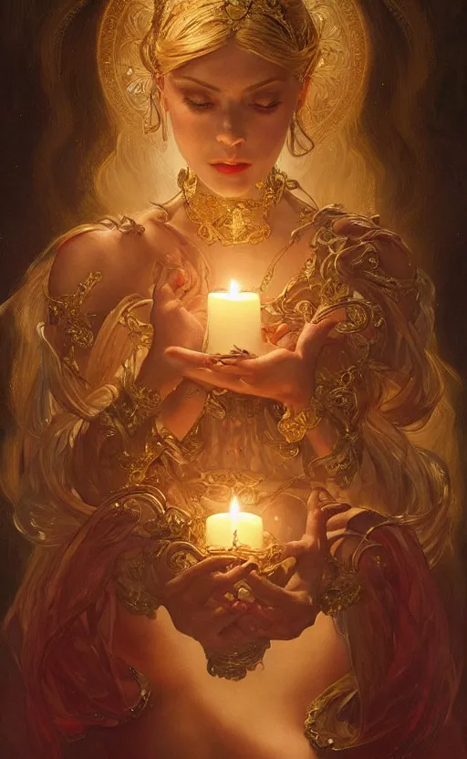 Prompt: masterpiece of beautiful hands close to a candle in dark room, cinematic, powerful, moon beams dramatic light, highly, intricate gold elements, hollow souls, detailed, digital painting, artstation, concept art, sharp focus, illustration, art by artgerm and greg rutkowski and alphonse mucha