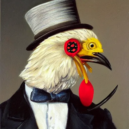 Prompt: a chicken butler with a fancy mustache and a monocle, highly detail, oil painting , accurate anatomy,