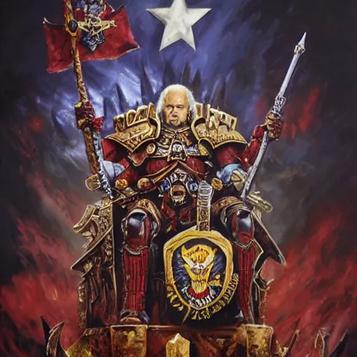 Image similar to joe biden as the emperor of mankind from warhammer 4 0, 0 0 0, warhammer 4 0 k, decrepid on a throne, portrait