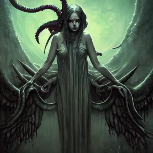 Image similar to evil, lovecraftian, mystic occult arcane, undead, eldritch fallen angel sorcereress alien. dark fantasy art by greg rutkowski, jim burns, gustave dore, amanda sage and junji ito. 8 k resolution concept art photorealism poster art