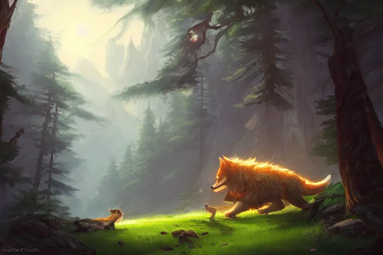 Prompt: a painting of an inn on top of a giant wolf walking through a magical forest, by andreas rocha, trending on artstation