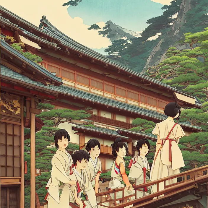 Image similar to japanese mountain town, summer, in the style of studio ghibli, j. c. leyendecker, greg rutkowski, artem