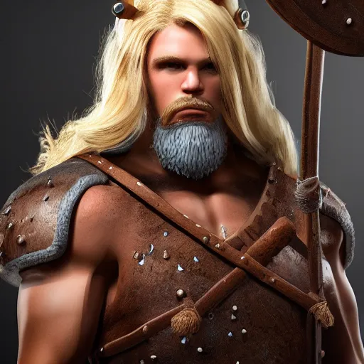 Image similar to a handsome bodybuilder viking girl with blond hair, clash royal style characters, unreal engine 5, octane render, detailed, cinematografic, cinema 4 d