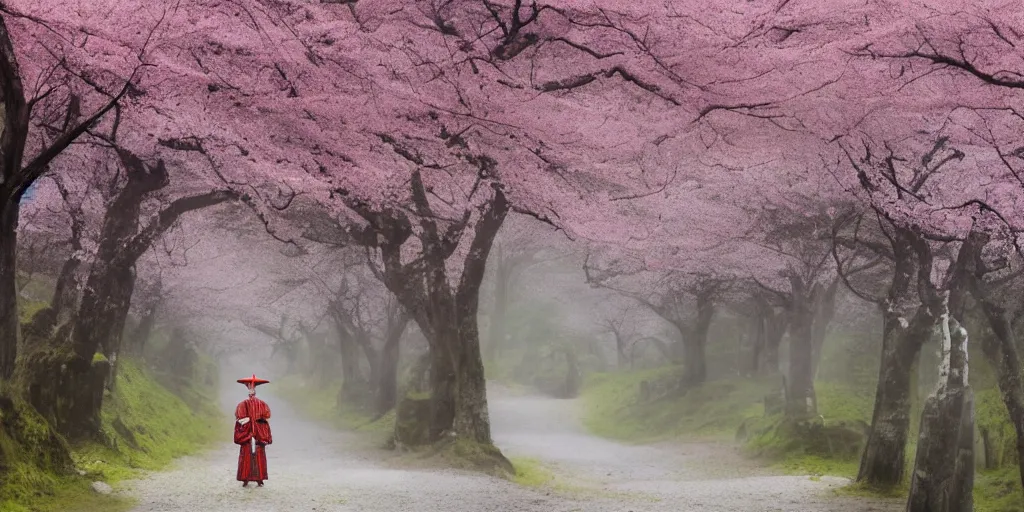 Prompt: a samurai standing on a ancient road with cherry blossom trees in the background, digital art, 4K