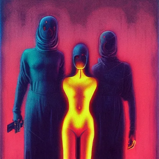 Image similar to charlies angels by beksinski and tristan eaton, beautiful dystopian neon hologram