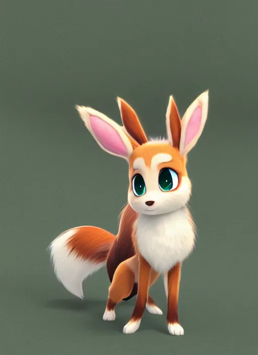 Image similar to female eevee mini cute girl, character adoptable, highly detailed, rendered, ray - tracing, cgi animated, 3 d demo reel avatar, style of maple story and zootopia, maple story eevee, fluffy, dark skin, cool clothes, soft shade, soft lighting