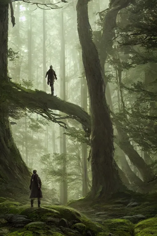 Prompt: A small character standing before a giant in a beautiful forest by Greg Rutkowski, Sung Choi, Mitchell Mohrhauser, Maciej Kuciara, Johnson Ting, Maxim Verehin, Peter Konig, final fantasy , 8k photorealistic, cinematic lighting, HD, high details, atmospheric,