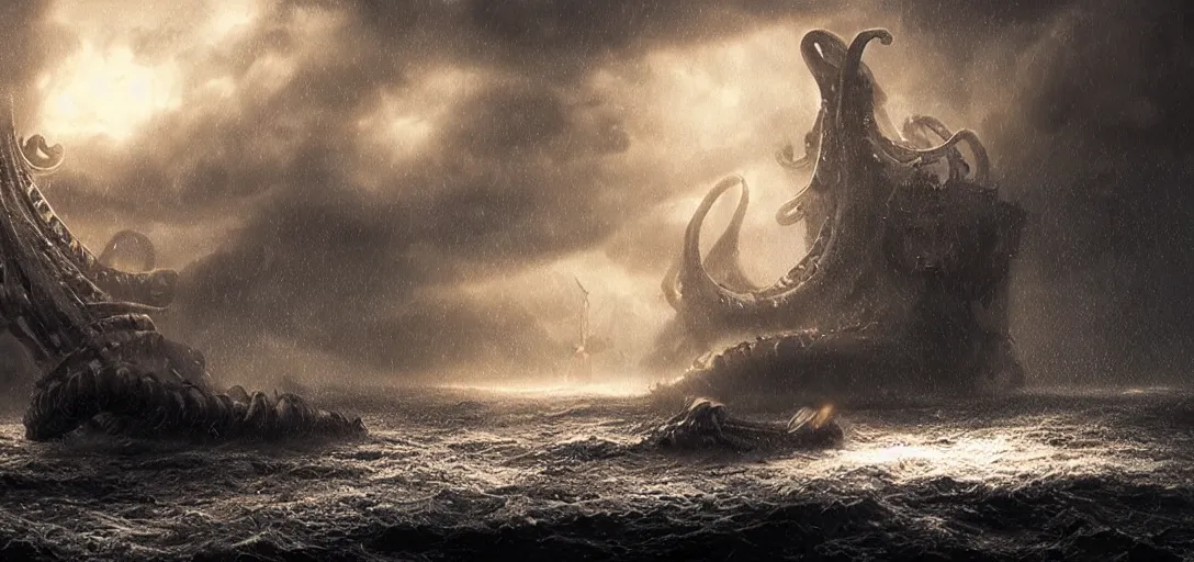 Prompt: one single ship gets eaten by giant kraken, tentacle, rainy night, dramatic lighting, cinematic, establishing shot, extremly high detail, foto realistic, cinematic lighting, post processed, concept art, artstation, matte painting