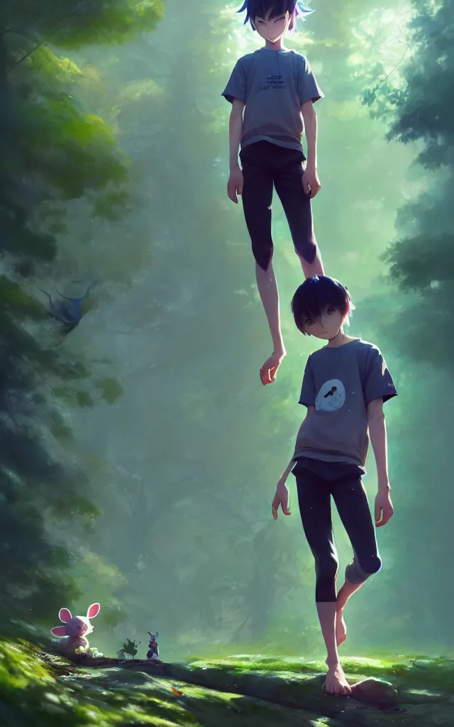 Image similar to a beautiful fullbody portrait of a cute anime boy wearing sport clothing and leggings under shorts barefoot in a forest. character design by cory loftis, fenghua zhong, ryohei hase, ismail inceoglu and ruan jia. artstation, volumetric light, detailed, photorealistic, fantasy, rendered in octane