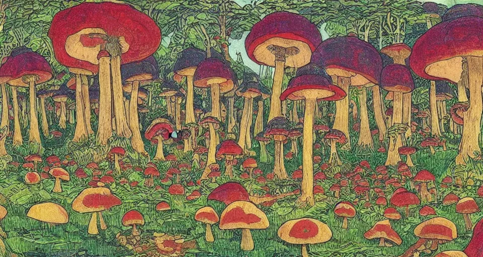 Image similar to A tribal village in a forest of giant mushrooms, by Ivan Bilibin,