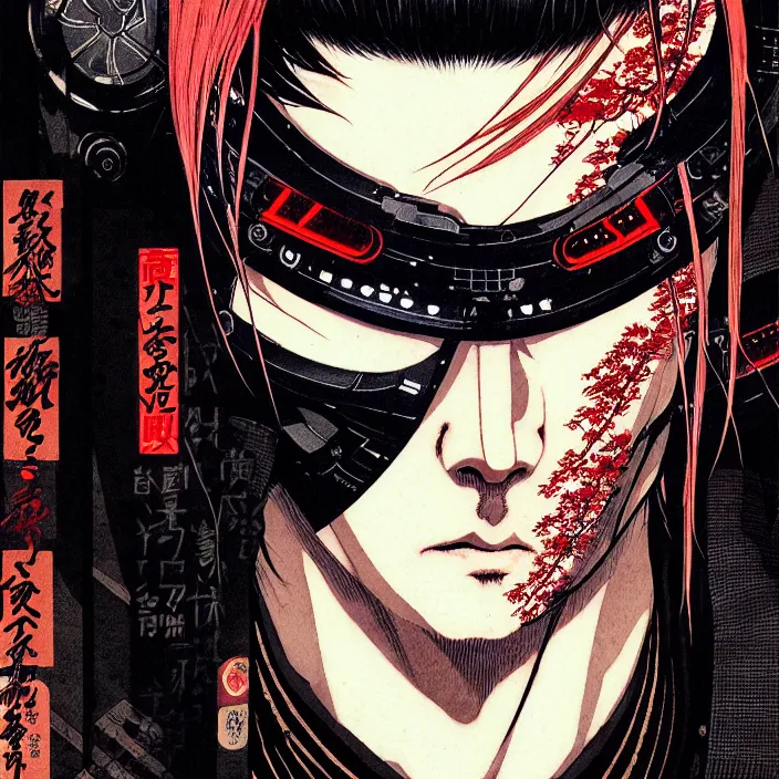 Image similar to a beautiful ukiyo painting of cyberpunk ninja, wearing cyberpunk streetwear, detailed close up portrait, concept art, by takato yamamoto, wlop, krenz cushart. cinematic dramatic atmosphere, sharp focus