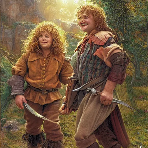 Prompt: halflings hobbits Merry and Pippin by Mark Brooks, Donato Giancola, Victor Nizovtsev, Scarlett Hooft, Graafland, Chris Moore