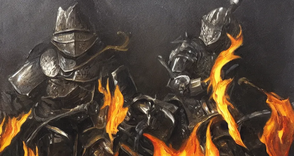 Image similar to An oil painting of a knight in dark metal armor wielding a flaming sword