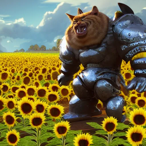 Image similar to ogre in lether armor petting a cat in sunflower fields, award winning, trending on artstation, unreal engine