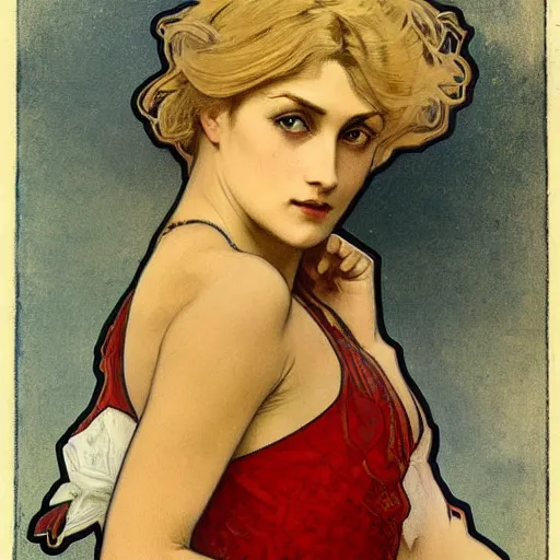 Image similar to blonde danish sports woman portrait by louis - theophile hingre and alphonse mucha, realistic, sharp focus, art nouveau, smart, wisdom, power, swimming