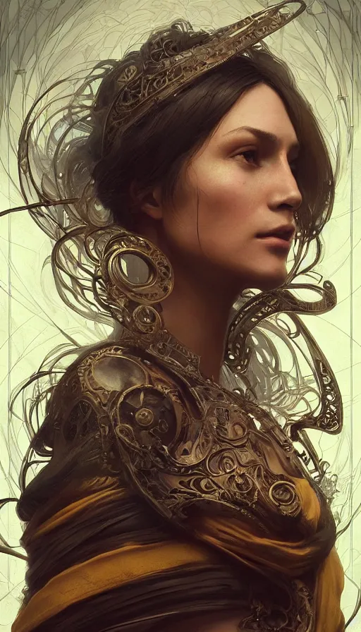 Image similar to time traveller, fibonacci, sweat drops, insane, intricate, highly detailed, digital painting, artstation, concept art, smooth, sharp focus, illustration, Unreal Engine 5, 8K, art by artgerm and greg rutkowski and alphonse mucha