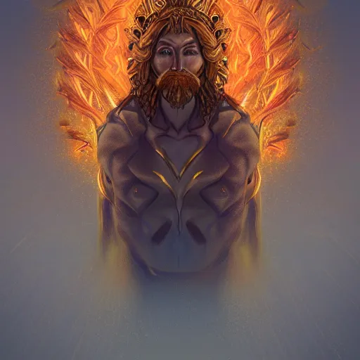 Image similar to a god made of golden fire, concept art, digital illustration