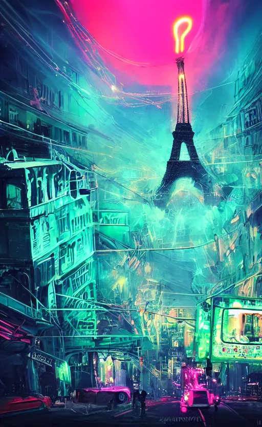 Image similar to giant larva with tentacles attacks and destroys and blows up the eiffel tower in glowing colorful luminous slime, dark foggy streets with white neon signs, running and screaming people, futuristic, dramatic, ultra - realistic, landscape, perspective, hight detailed, no blur, 8 k