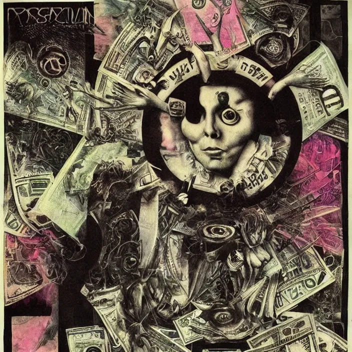 Image similar to post - punk new age album cover, asymmetrical design, dollar bank notes, capitalism, magic, apocalypse, psychedelic, black white pink, highly detailed, magic, giger h. r., giuseppe arcimboldo