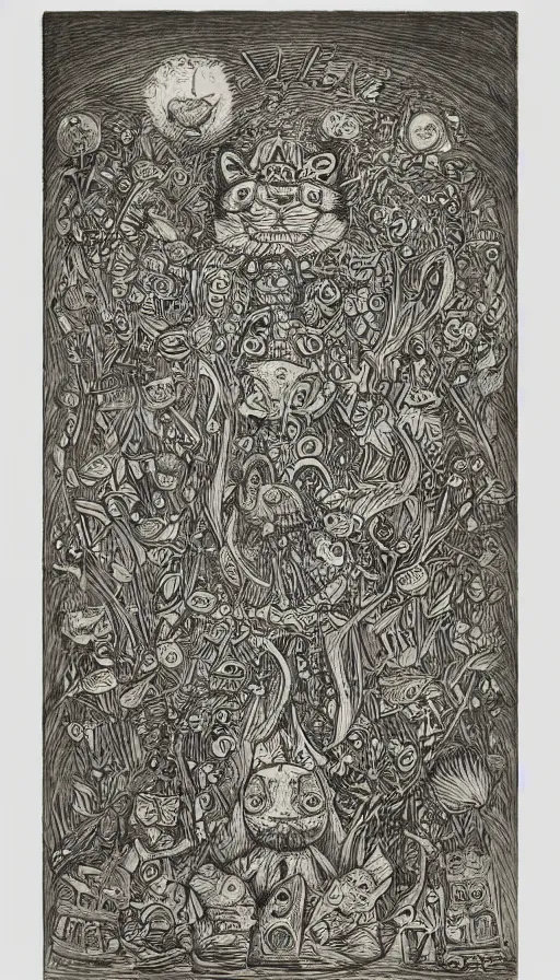 Image similar to The end of an organism, by Louis Wain engraved on a wooden board