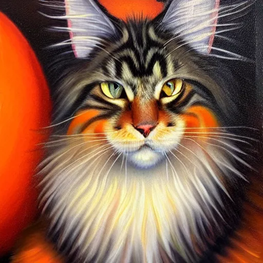 Image similar to Beatiful Oil painting of an orange Maine-coon with a white beard. wearing a wide-brimmed sombrero sombrero