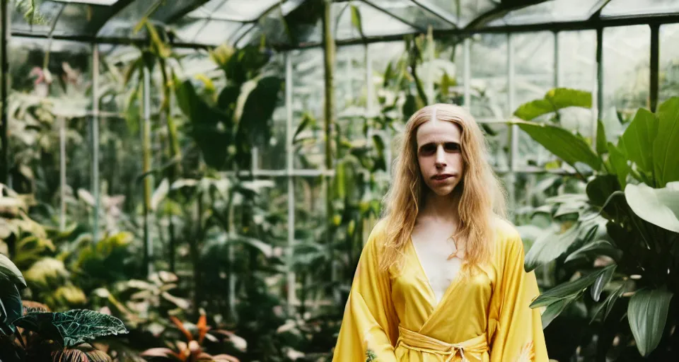 Image similar to Medium format portrait photography of a single elegant woman that look like Brit Marling wearing a yellow kimono in a tropical greenhouse, bokeh