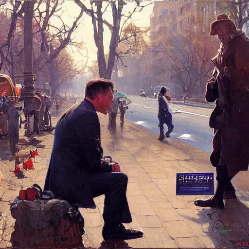 Image similar to alex jones begging on the side of the road, award winning painting by stanley artgerm lau, greg rutkowski, thomas kindkade, alphonse mucha, loish, norman rockwell,