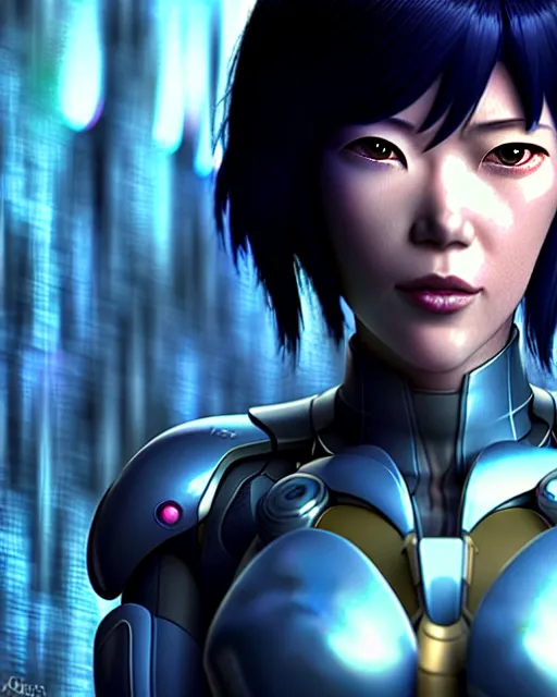 Image similar to weta disney pixar movie still portrait photo of motoko kusanagi ghost in the shell : : as cyborg woman by pixar : : by weta, wlop, ilya kuvshinov, rossdraws, artgerm, marvel, maxim cover, latex, octane render, sweaty, iridescent, bright morning, anime, liosh, mucha : :