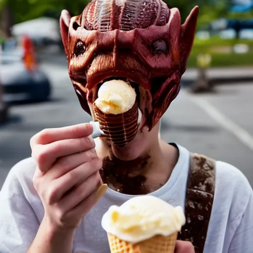 Image similar to portrait of a xenomorph eating ice cream on a hot sunny day, photography